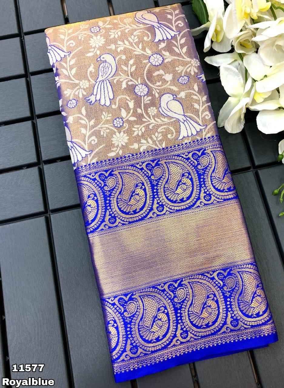 Kanjiviram pattu silk pure gold zari weaving sparrow design with contrast weaving border &amp; contrast rich weaving pallu