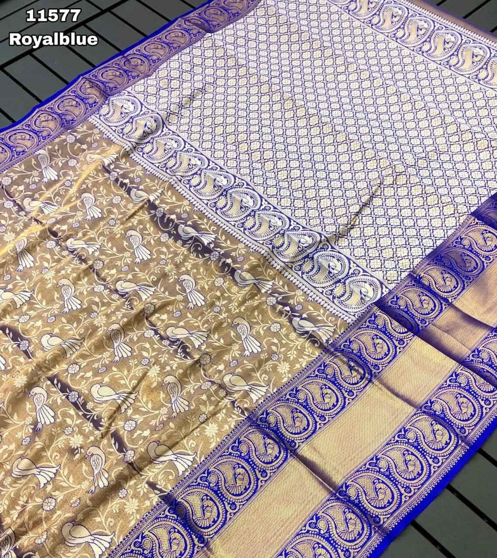 Kanjiviram pattu silk pure gold zari weaving sparrow design with contrast weaving border &amp; contrast rich weaving pallu