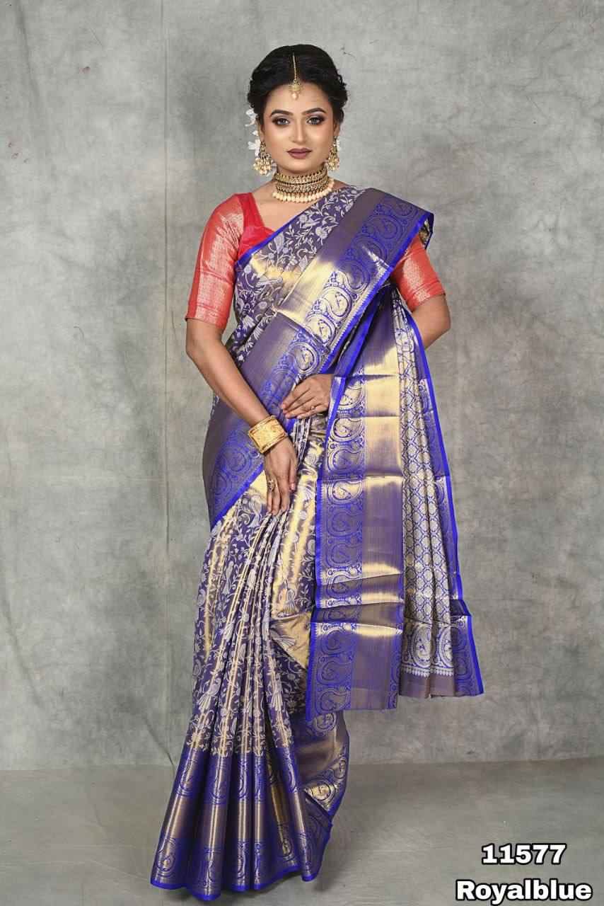 Kanjiviram pattu silk pure gold zari weaving sparrow design with contrast weaving border &amp; contrast rich weaving pallu