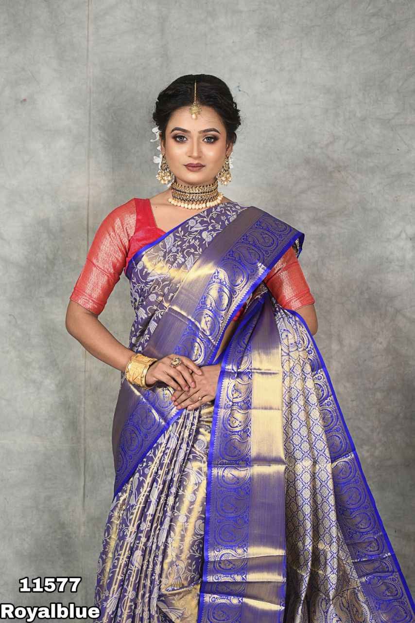 Kanjiviram pattu silk pure gold zari weaving sparrow design with contrast weaving border &amp; contrast rich weaving pallu